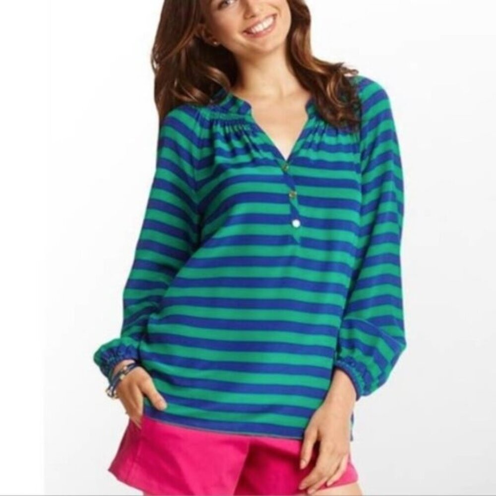 Lilly‎ Pulitzer Elsa Blouse in Emerald Green and Blue Starboard Stripe Sz S
